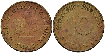 ФРГ 10 пфеннигов 1949 D J.378 KM 103 сталь плакированная латунью    4603-317