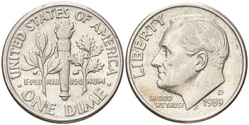 США 10 центов (дайм) 1989 D, Рузвельт KM 195a медь плакированная медно-никелем UNC 4611-124