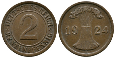 ГЕРМАНИЯ 2 РЕНТЕНПФЕННИГА 1924 A KM 31, J.307 бронза 86-1315