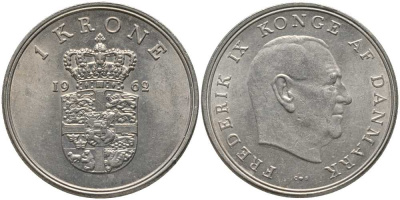 Дания 1 крона 1962 C; S, Фредерик IX (1947-1972) KM 851 медно-никель 4393-442