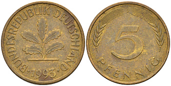 ФРГ 5 ПФЕННИГОВ 1993 J KM 107, J. 382 сталь плакированная латунью 75-523