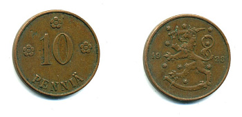 Финляндия 10 пенни 1928 республика (1918-1962) KM 24 медь 46-1617