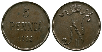 Россия для Финляндии 5 пенни 1914 Николай II (1894-1917) KM 15, Биткин 454 медь 4382-841