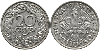 ПОЛЬША 20 ГРОШЕЙ 1923 KM 12 никель 80-714