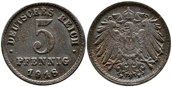ГЕРМАНИЯ 5 ПФЕННИГОВ 1918 F KM 19, J. 297 железо 4387-755