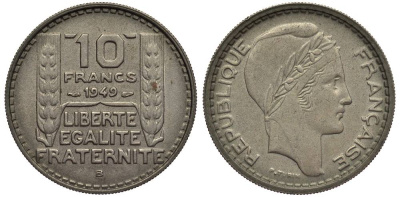 Франция 10 франков 1949 В, тип Пьер Турин, Petite Tete KM 909.2, LE FRANC 362.7 медно-никель 27-836