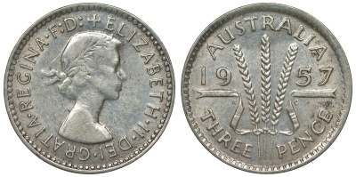 Австралия 3 пенса 1957 m, Елизавета II (1952-2022) KM 57 серебро 71-468