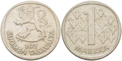ФИНЛЯНДИЯ 1 МАРКА 1972 S KM 49а медно-никель 3718-715