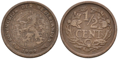 Нидерланды 1/2 цента 1909 Вильгельмина (1890-1948) KM 138 бронза 4576-341