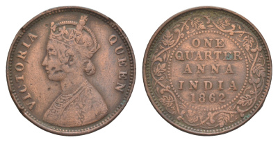 Британская Индия 1/4 анна 1862 Виктория (1837-1901) KM 467 медь    4681-1217