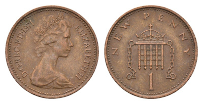 Великобритания 1 пенни 1971 Елизавета II (1952-2022) KM 915, Spink 4237 (B1) бронза 4697-926