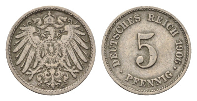 Германия 5 пфеннигов 1906 E KM 11, J. 12 медно-никель 4696-628