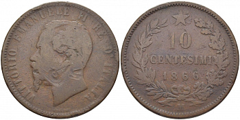 ИТАЛИЯ 10 ЧЕНТЕЗИМО 1866 М, ВИКТОР ЭММАНУИЛ II (1861-1878) KM 11.1 медь 114-626