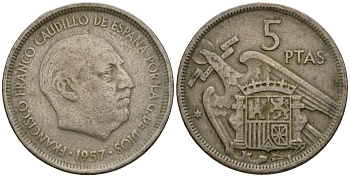 Испания 5 песет 1957 Франсиско Франко (1939-1975) KM 786 медно-никель 183-237