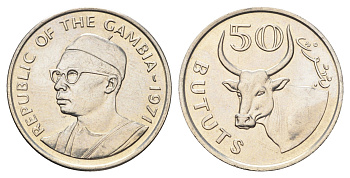 Гамбия 50 бутутов 1971 год-тип KM 12 медно-никель UNC 4666-456