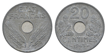 Франция 20 сантимов 1943 KM 900 цинк 4539-355