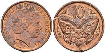 Новая Зеландия 10 центов 2012 маска Маори, Елизавета II (1952-) KM 117а сталь плакированная медью 51-1643