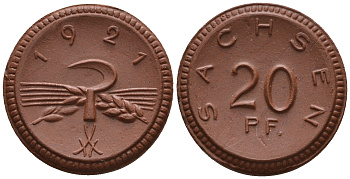Саксония 20 пфеннигов 1921 колосья и серп J. N 53 фарфор UNC 1094-9-45