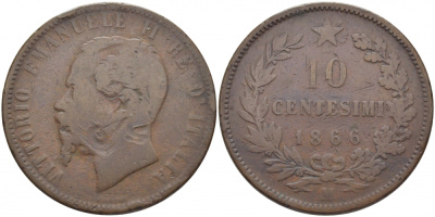 ИТАЛИЯ 10 ЧЕНТЕЗИМО 1866 М, ВИКТОР ЭММАНУИЛ II (1861-1878) KM 11.1 медь 114-626