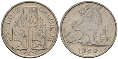 Бельгия 1 франк 1939 Belgie - Belgique KM 120 никель 217-323
