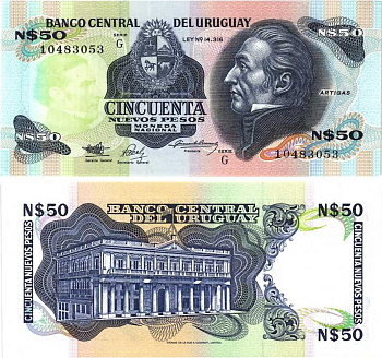УРУГВАЙ 50 ПЕСО 1987 СЕРИЯ G, ХОСЕ ХЕРВАСИО АРТИГАС Pick 61A бумага UNC (ПРЕСС) 8589-15-1-2