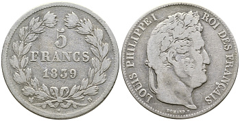 Франция 5 франков 1839 B, Луи Филипп I (1830-1848) KM 749.2 серебро 4386-121