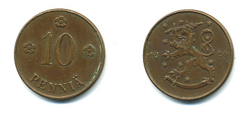 Финляндия 10 пенни 1920 республика (1918-1962) KM 24 медь 36-1227
