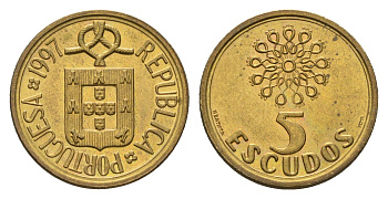 Португалия 5 эскудо 1997 KM 632 никель латунь UNC 4674-765
