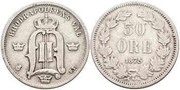 Швеция 50 эре 1875 ST, большие буквы, Оскар II (1872-1907) король Швеции и Норвегии KM 740 серебро 190-846