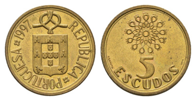 Португалия 5 эскудо 1997 KM 632 никель латунь UNC 4674-765