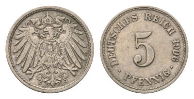 Германия 5 пфеннигов 1906 A KM 11, J. 12 медно-никель 4696-631