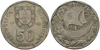 Португалия 50 эскудо 1988 парусник KM 636 медно-никель 4120-1022