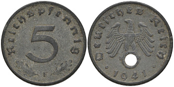 Германия 5 рейхспфеннигов 1941 F, монетный двор Штутгарт KM 100, J. 370 цинк 186-742