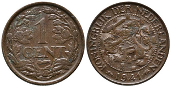 НИДЕРЛАНДЫ 1 ЦЕНТ 1941 ВИЛЬГЕЛЬМИНА KM 152 бронза 39-1253