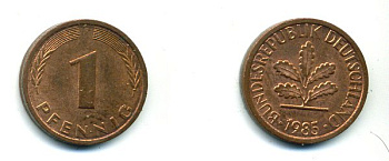 ФРГ 1 ПФЕННИГ 1985 F KM 105, J 380 сталь плакированная медью 46-155