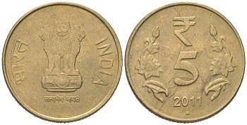 Индия 5 рупий 2011 "ромб" - Мумбаи KM 399 никель латунь 4620-531