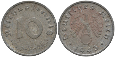 Германия 10 рейхспфеннигов 1943 F KM 101, J.371 цинк 4151-257