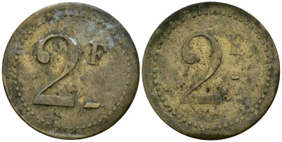Франция 2 франка XIX-XX век ресторанный жетон латунь 4166-935