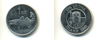 Исландия 1 крона 2005 треска KM 27а сталь плакированная никелем 3999-111