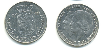 Нидерланды 2 1/2 гульдена 1980 коронация Беатрикс, 30 апреля 1980 KM 201 никель 84-1232