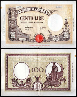 Италия 100 лир 1943 Pick 67 a бумага 451-1144-1