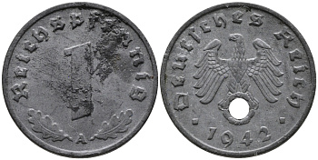 ГЕРМАНИЯ 1 РЕЙХСПФЕННИГ 1942 A KM 97, J.369 цинк 96-729