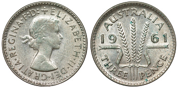 Австралия 3 пенса 1961 m, Елизавета II (1952-2022) KM 57 серебро 71-741