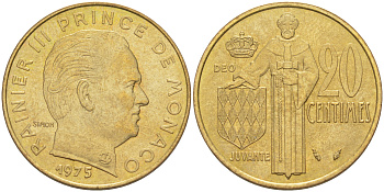 Монако 20 сантимов 1975 Ренье III (1949-2005) KM 143 алюминиевая бронза UNC 190-513