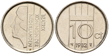 Нидерланды 10 центов 1982 Беатрикс (1980-2013) KM 203 никель    4598-351
