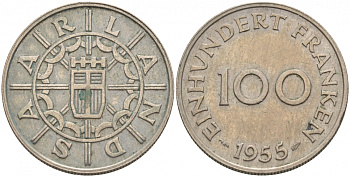 Саарланд 100 франков 1955 индустрия KM 4 медно-никель 68-544