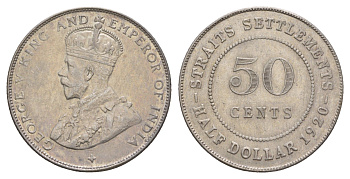 Стрейтс-Сетлментс (Стрейтс Сетлментс) 50 центов 1920 Георг V (1910-1936) KM 35 серебро 1522-524