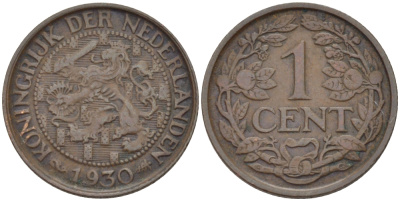 НИДЕРЛАНДЫ 1 ЦЕНТ 1930 ВИЛЬГЕЛЬМИНА (1890-1948) KM 152 бронза 100-1015