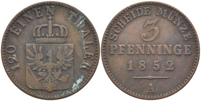 ПРУССИЯ 3 ПФЕННИГА 1852 А, ФРИДРИХ ВИЛЬГЕЛЬМ (1840-1861) KM 453 медь 117-157