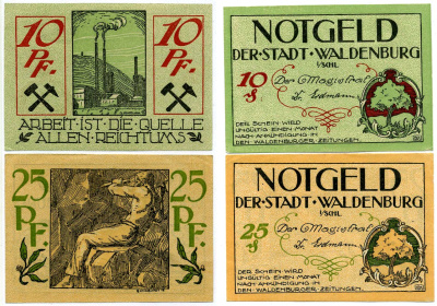 Вальденбург набор из 2 банкнот 1918 1 месяц после выпуска, нотгельд (10 и 25 пфеннигов), земля Силезия Grabowski W3.14а, W3.14b бумага 2193-18-3-2
